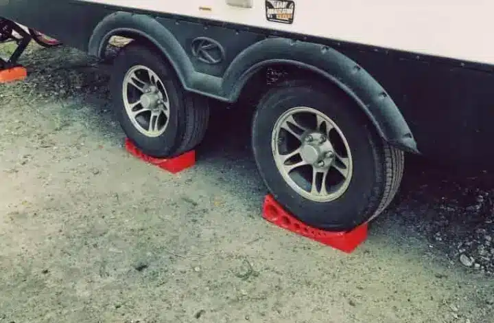 Close up of RV tires with TPMS installed