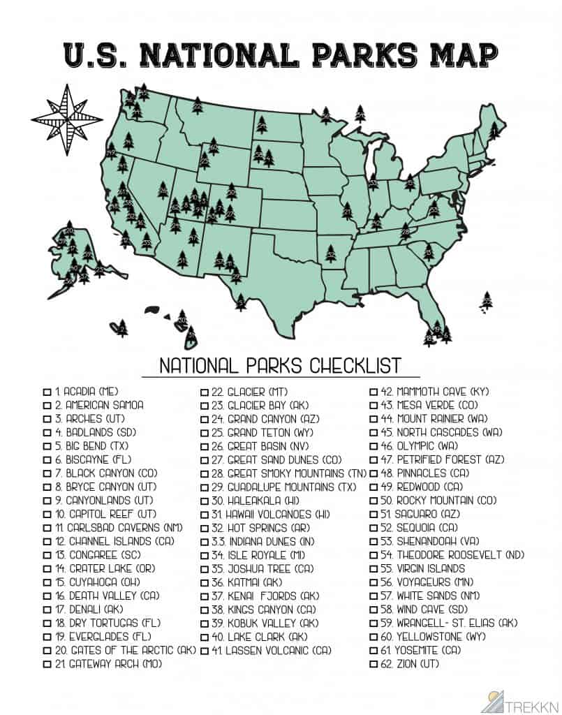 list of national parks in usa map Your Printable List Of 62 National Parks In The U S Updated For list of national parks in usa map