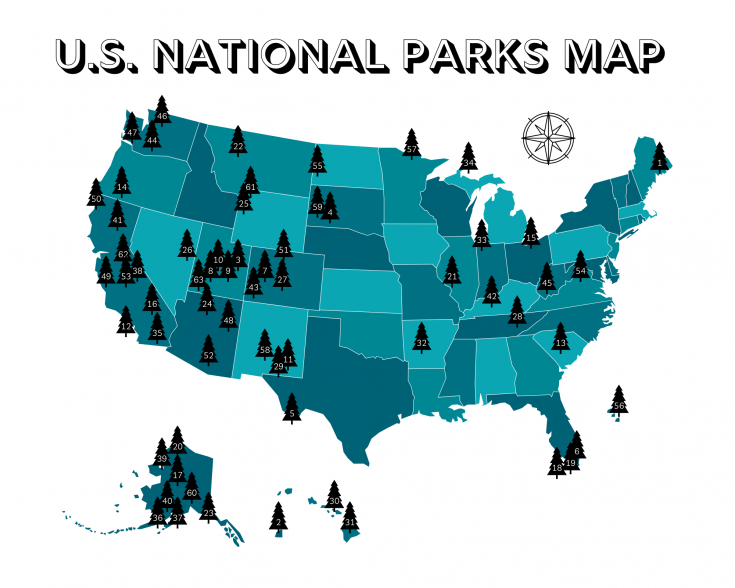 Your Printable U S National Parks Map With All 63 Parks 2023 Final 63 US National Park Map 10x8 1 735x588