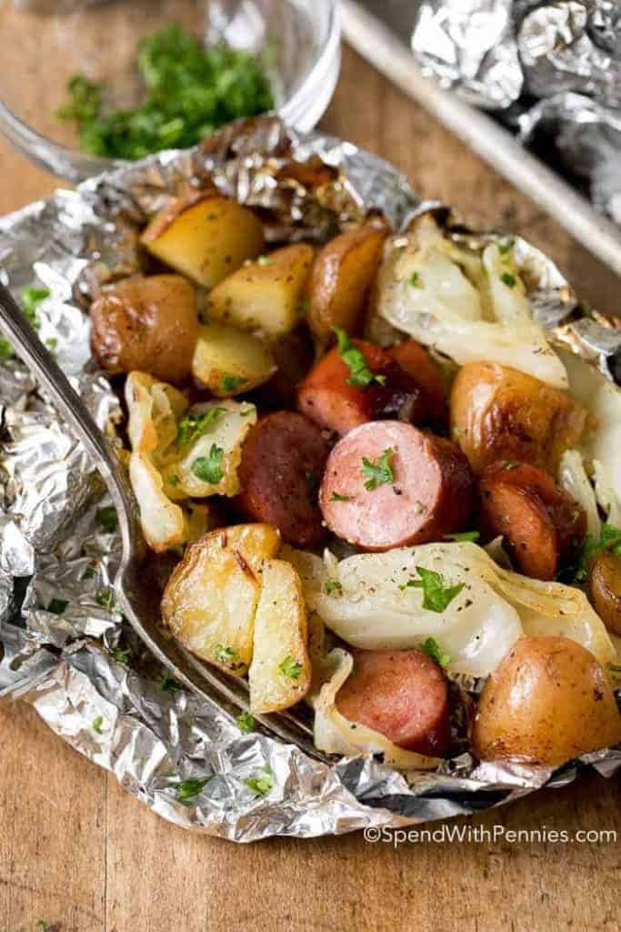 Cabbage and Sausage Foil Packs for Camping