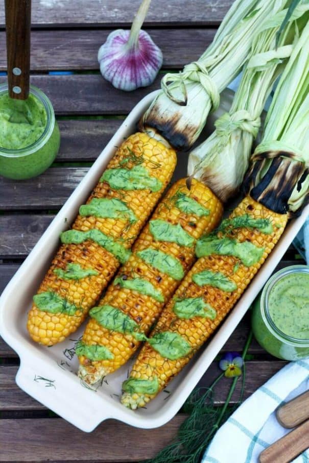 Grilled Corn on the Cob with Creamy Avocado Dill Dressing