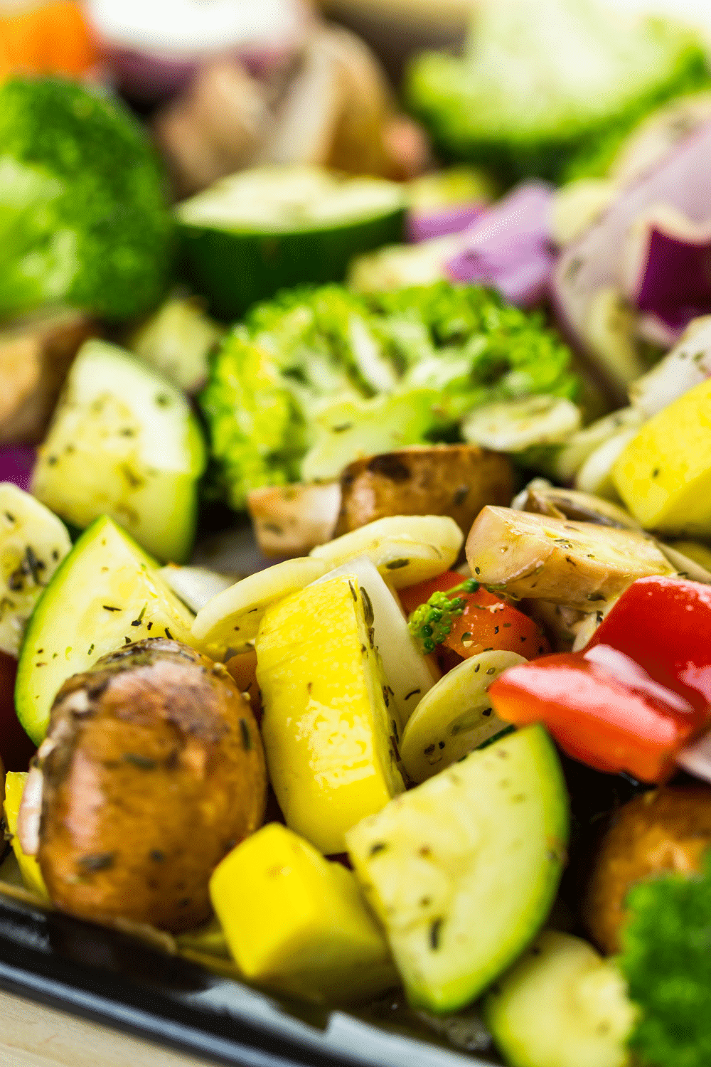 Close up view of roasted seasoned vegetables