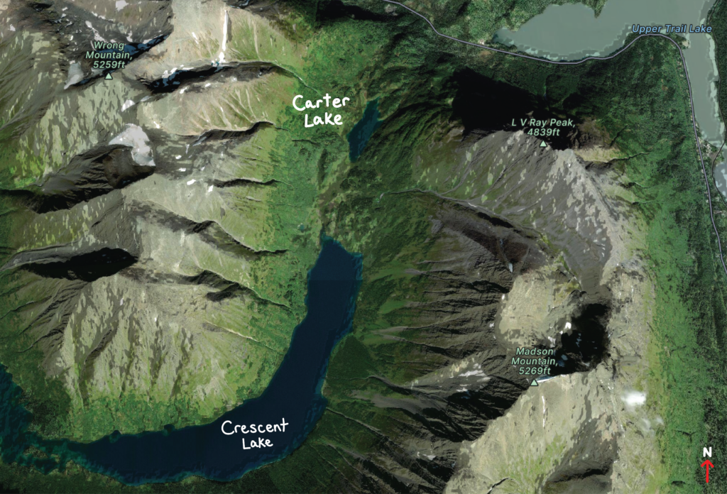 arial view of carter lake trail alaska