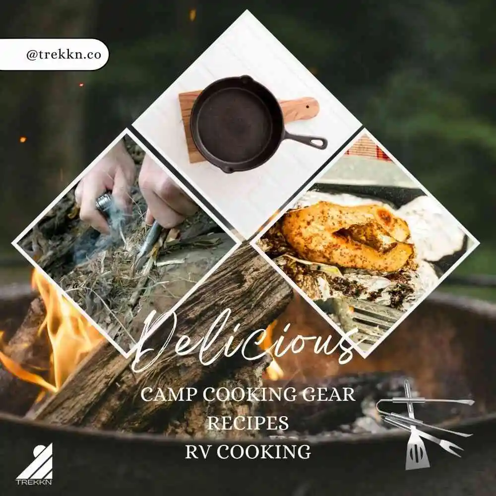Campfire background with images of grill tools
