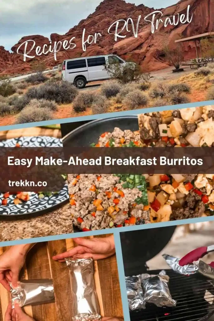 Collage of images with RV travel and ingredients for breakfast burritos from an easy recipe that is perfect for camping.