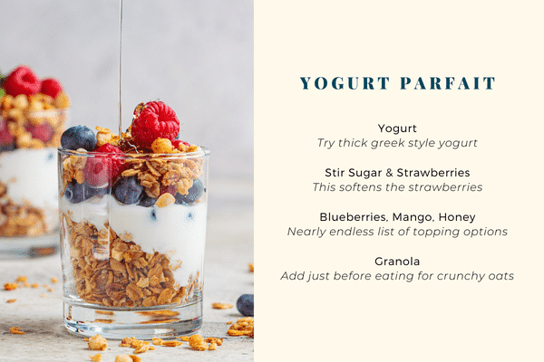 Glass of yogurt parfait on left with simple recipe instructions