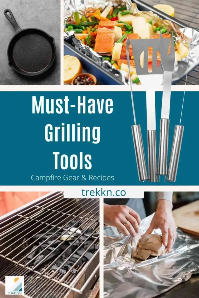 Collage of grilling accessories reflecting the best gear for campfire cooking.