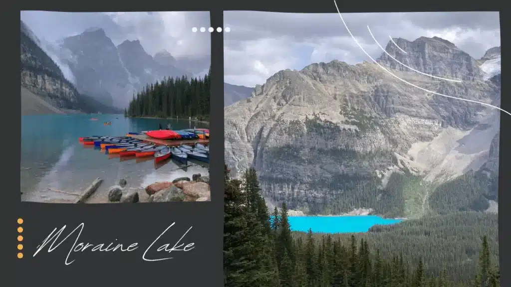 Red and blue boats docked on Lake Moraine, a milestone along trail on the best hike in Banff
