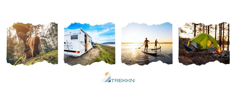Collage of outdoor adventures including rv travel, hiking, paddle boarding, and camping.