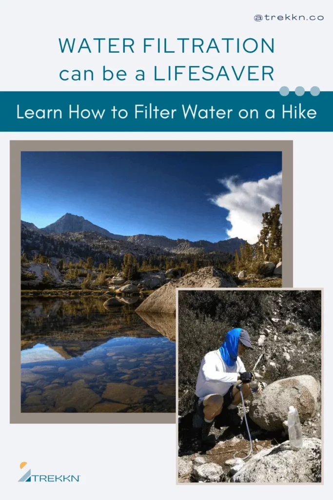 Clear lake and hiker filtering water