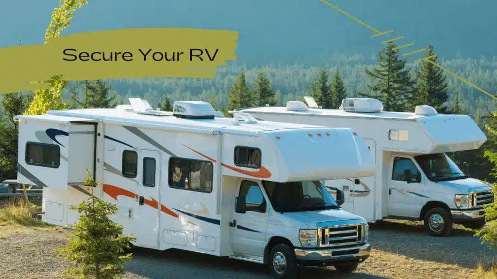 Two white motorhome RVs parked closely on side of road for safety.
