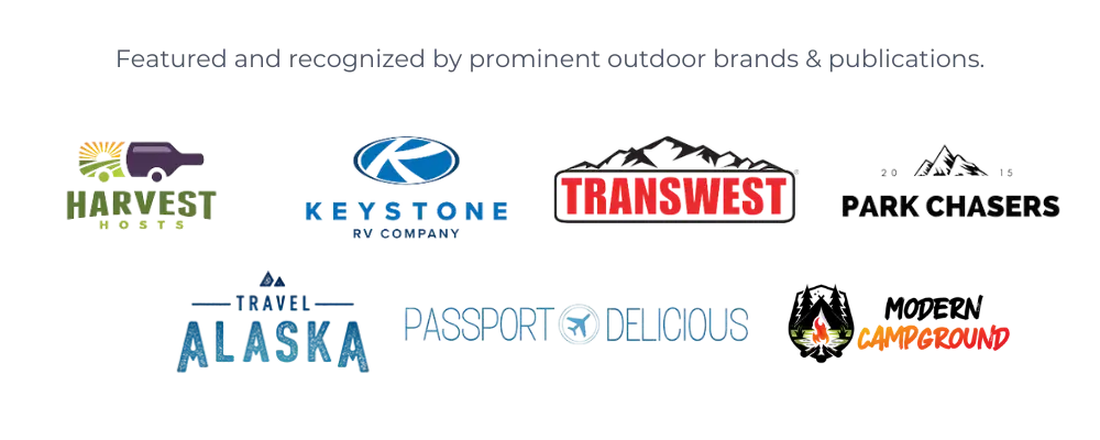 various brand logos with text title 'Featured and recognized by prominent outdoor brands & publications.'